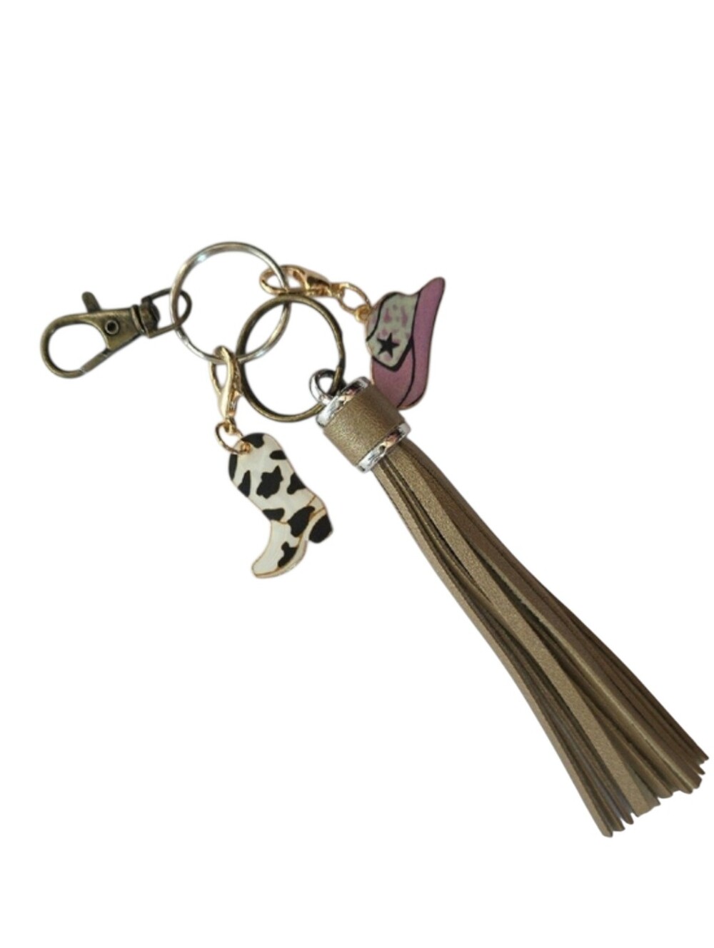 Western Gold Tassel Keychain with Pink Cowboy Hat & Cowhide Boot Charms